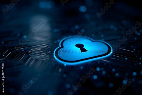 Glowing cloud icon with a keyhole symbol representing digital data security and privacy in a connected ecosystem.