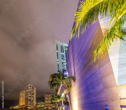 Miami Riverwalk at night with palm trees and skyscrapers
