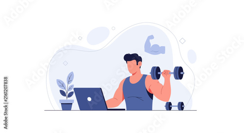 Man Working Out While Using Laptop - Healthy Lifestyle, Remote Work, and Fitness Concept