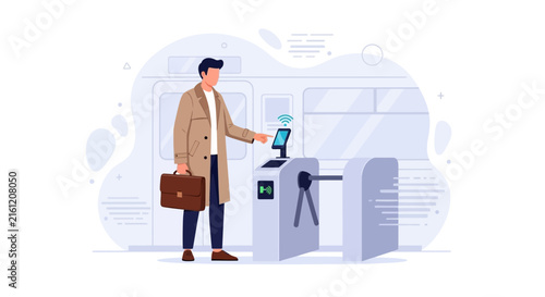 Man with briefcase uses contactless entry gate at train station with modern flat design illustration style.
