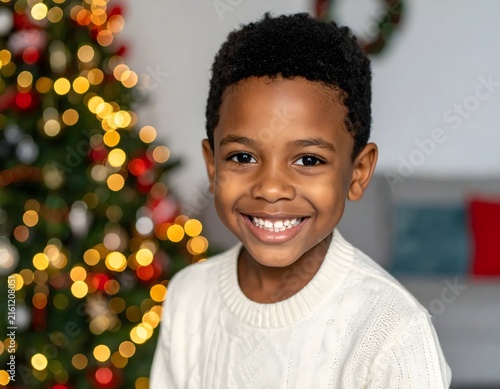 Adorable young boy smiling joyfully in front of a decorated Christmas tree