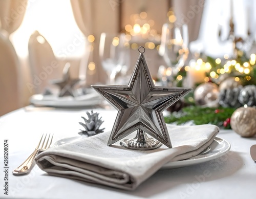 Elegant Silver Star Ornament on Christmas Dinner Table Setting with Blurred Festive Lights