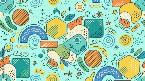 Abstract seamless pattern with colorful geometric shapes and hand drawn doodles