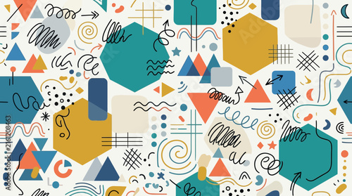 Abstract Seamless Pattern with Colorful Geometric Shapes and Doodle Elements