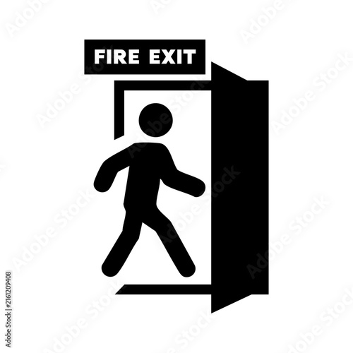 Black and white fire exit sign illustration featuring an evacuating person