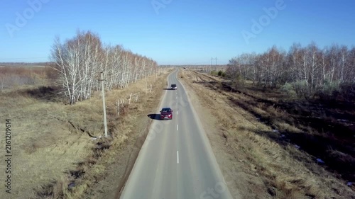 Aerial view of cars driving on a straight country road through birch forest in autumn