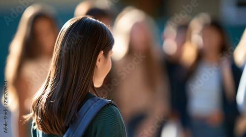 rear view of an outcast girl standing alone in a bright school setting, back to camera, a group of classmates laughing in the background, social exclusion concept, bullying