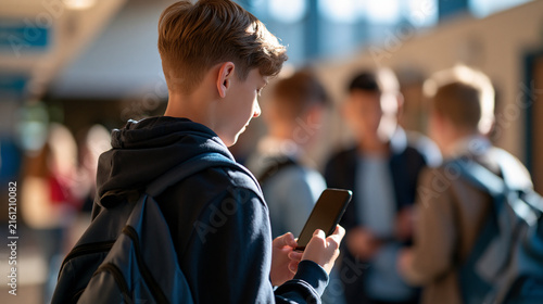 rear view of schoolboys filming a bullying incident on a phone in a bright school hall, backs to camera, bullying awareness concept, bystander behavior, adolescence, bright, with