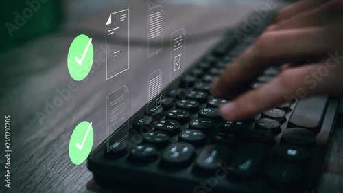 Businessman validating digital documents with green check mark symbol. Concept of certification, approval process and digital verification in business or compliance operations.