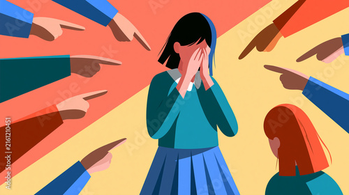 vector illustration of a school girl surrounded by pointing hands of her peers on a bright background  covering her face with her hands  bullying awareness concept  social