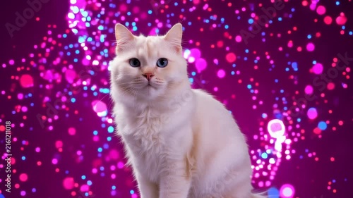 adorable white kitten playing in colorful confetti storm