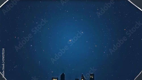 Aerial city skyline at dusk with glowing skyscrapers and neon lights