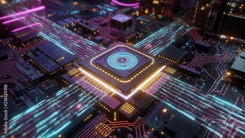Aerial city streets with glowing light trails at night