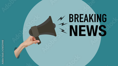 Conceptual media and news background featuring a hand holding a megaphone with sound waves and the text Breaking News on a turquoise.