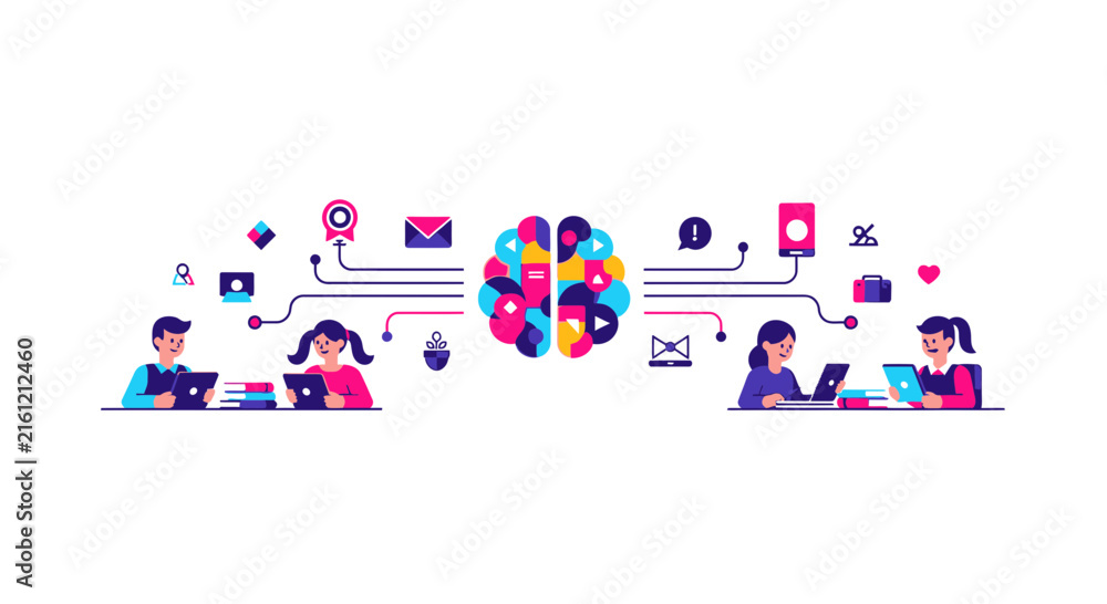 Fototapeta premium E-learning and AI Education Concept: Children Learning with Tablets and Stylized Brain Illustration