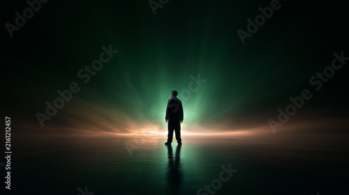 Silhouette of Man Facing Futuristic Glowing Light Rays