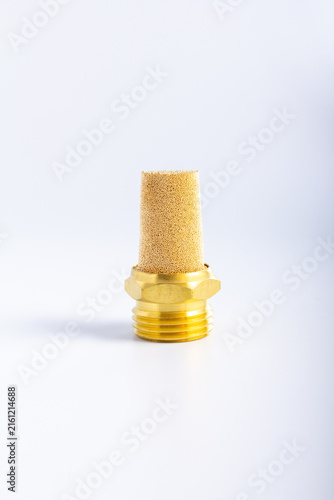 Obraz na płótnie Front view of one sintered bronze pneumatic exhaust silencer mufflers of various thread sizes standing on a clean white background