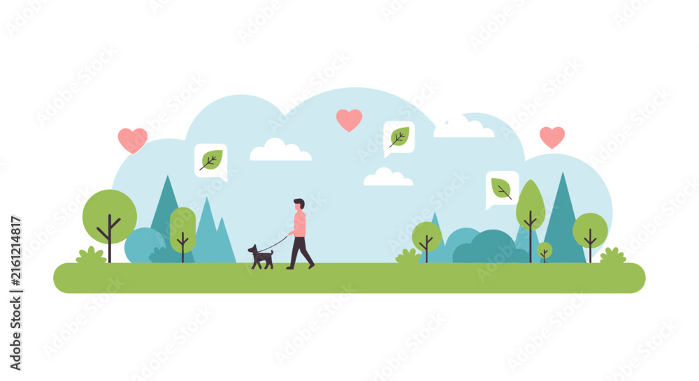 Fototapeta premium Man Walking Dog in Green Park Flat Vector Illustration