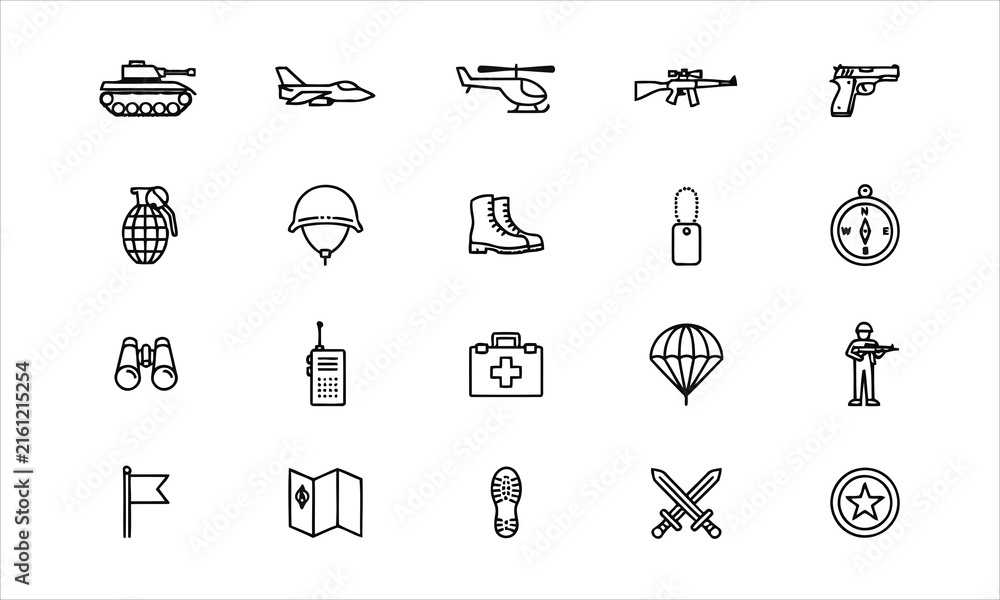 Fototapeta premium Outline set of 20 war, military, army line icons. Editable Stroke. Military Equipment, tools, aids and appliances.