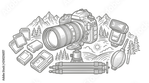 Professional DSLR camera equipment and mountain collage.