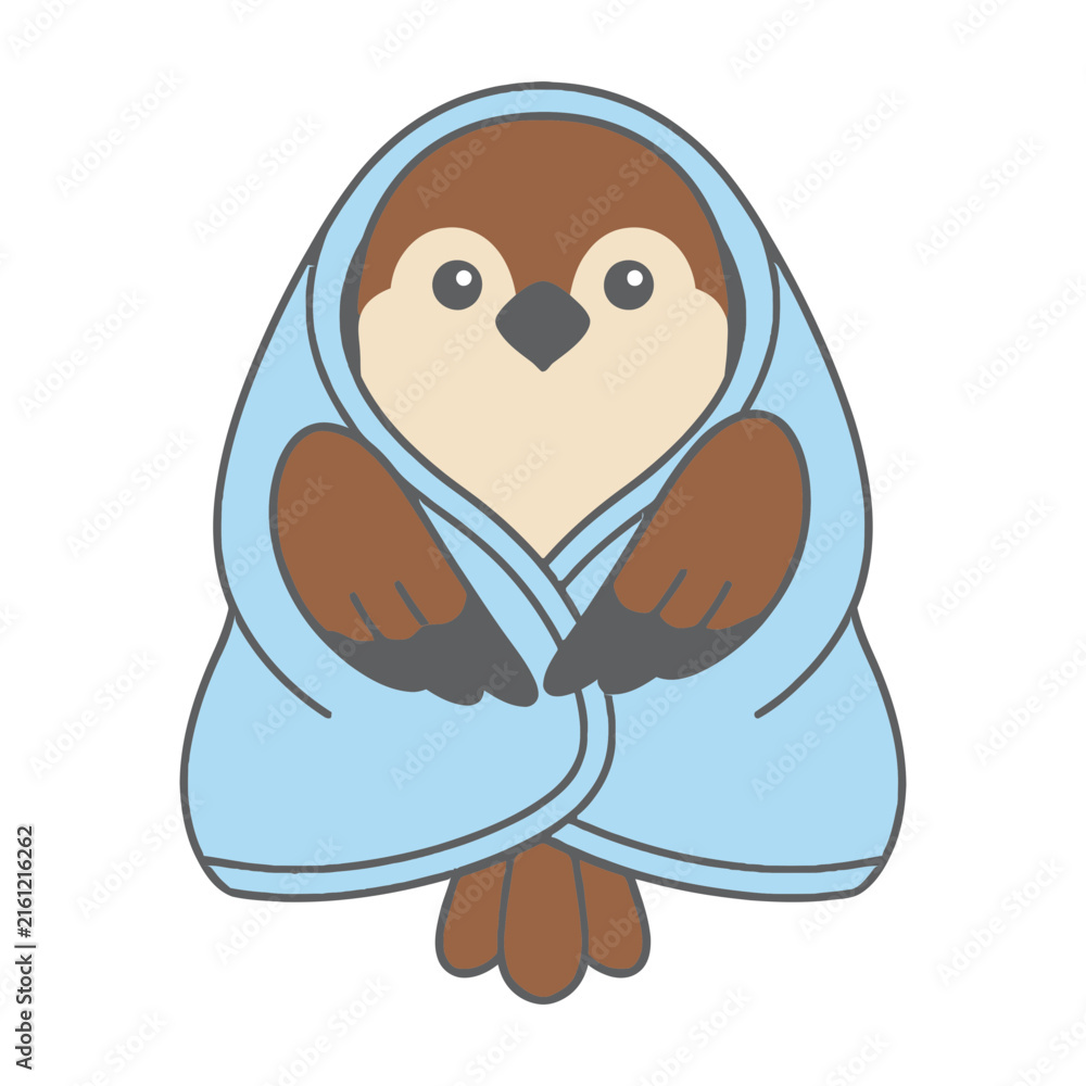 Obraz premium Cute cartoon penguin wrapped in a blue blanket or towel