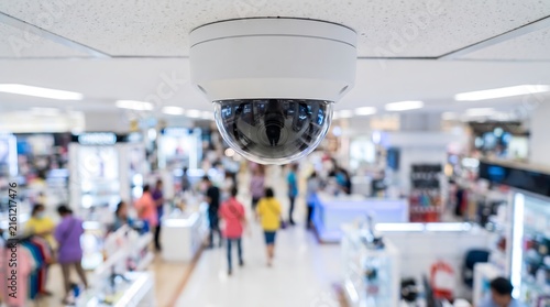 Dome security camera mounted on ceiling in retail store with blurred shoppers browsing in background for store loss prevention and customer behavior surveillance monitoring