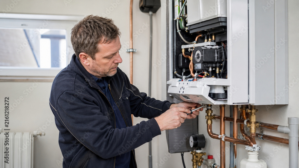Obraz premium Heizungstechniker wartet eine Heizungsanlage im Wohnhaus
