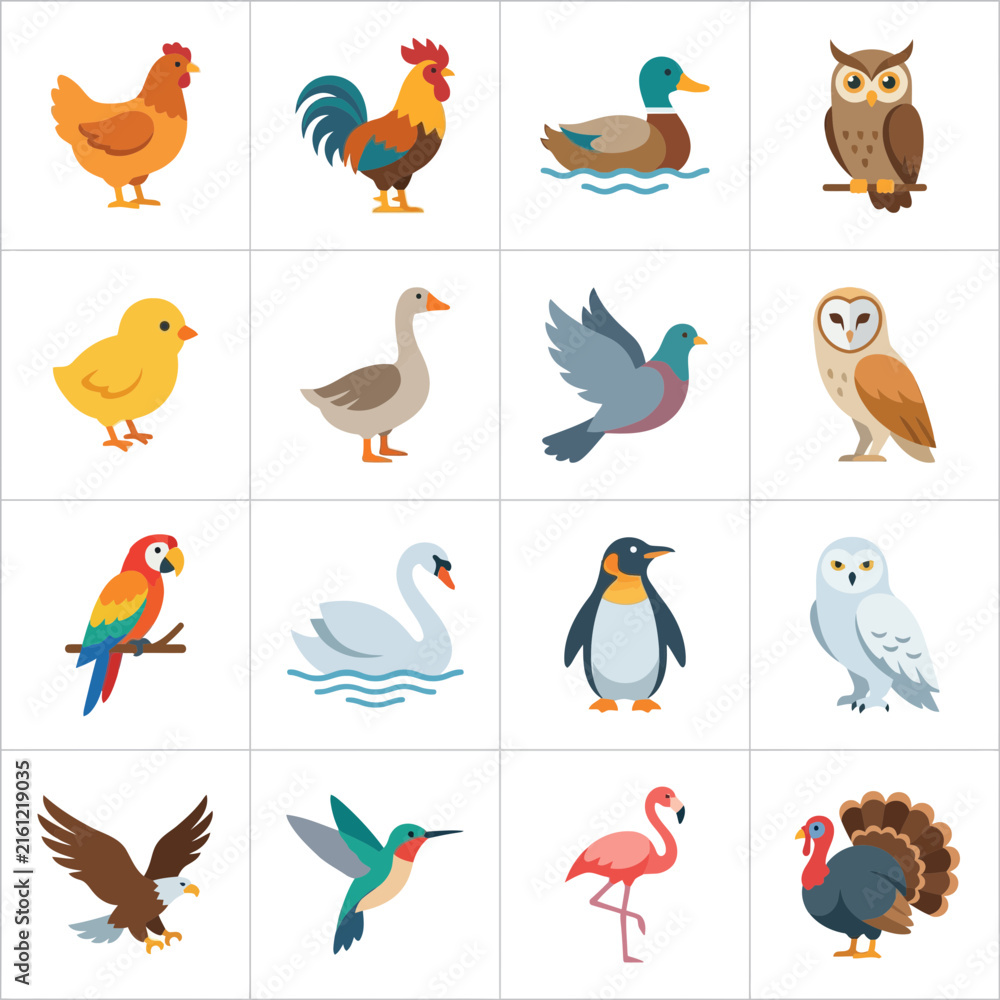 Naklejka premium Collection of Various Birds in Flat Design Style.