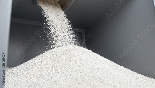 White plastic polymer pellets pouring from an industrial machine into a large storage container in a manufacturing facility.