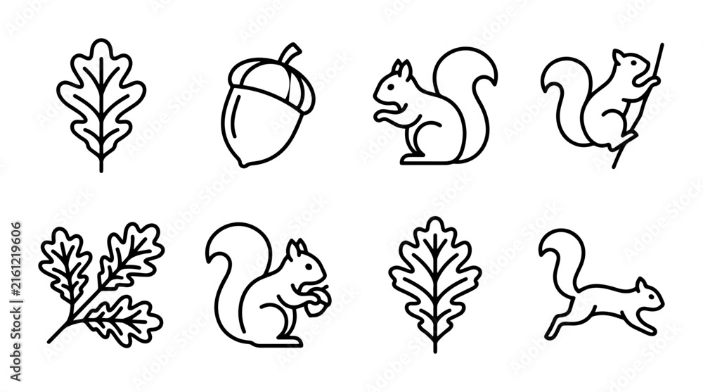Obraz premium Squirrel and Oak Leaf Icons, Vector Set: Cute Forest Animals, Autumn Nature Elements, Simple Outline Graphics