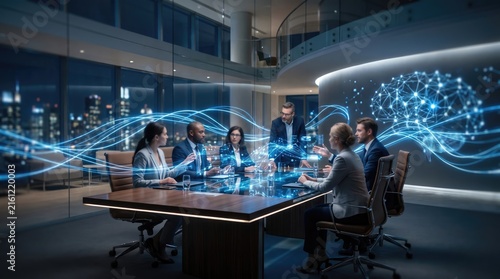 A diverse team engaged in a strategic meeting with digital technology visualizations in a modern office environment.