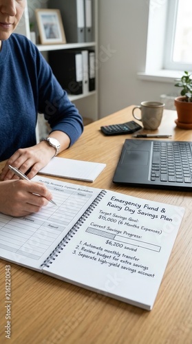 Savings goals and financial planning notes organized in a notebook on a home office desk, personal budgeting, money goals, financial strategy, savings plan.