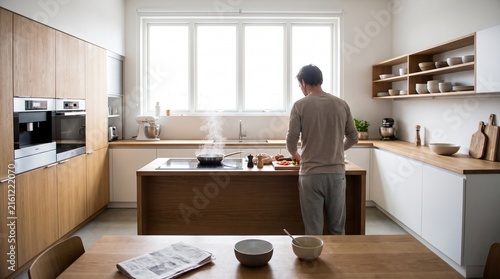 Wide Angle Person Preparing Breakfast in a Bright Contemporary Kitchen