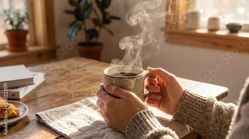 Close Up Hands Holding a Warm Ceramic Coffee Mug in Soft Morning Light