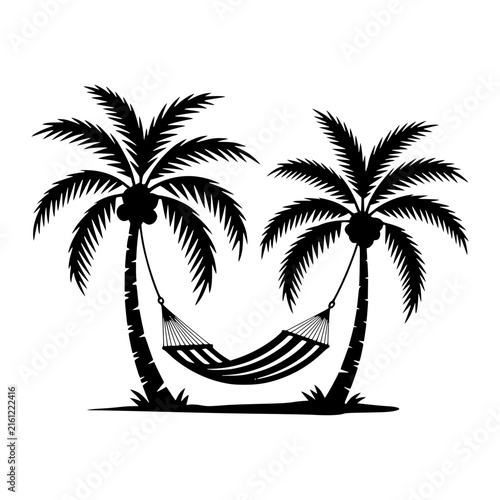 Obraz na plátne Two tropical palm trees with coconuts leaning inward toward each other