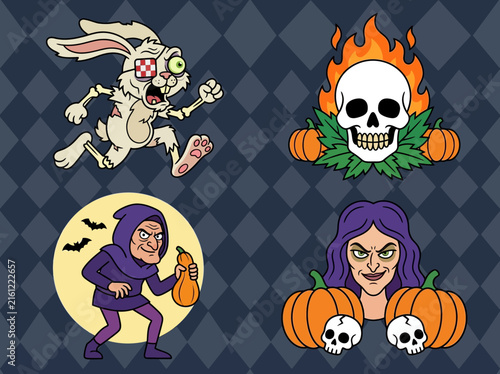 Halloween Cartoon Character Set: Zombie Rabbit, Flaming Skull, Evil Witch, and Hunchback with Pumpkins