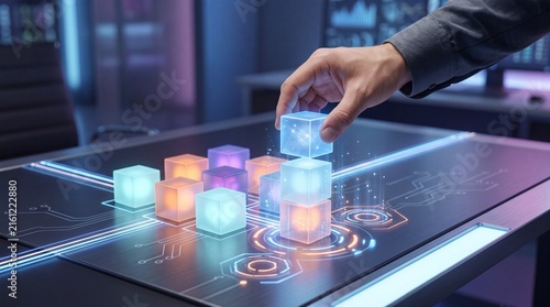 A hand stacking colorful digital cubes on a glowing interface, symbolizing innovation and advanced technology.
