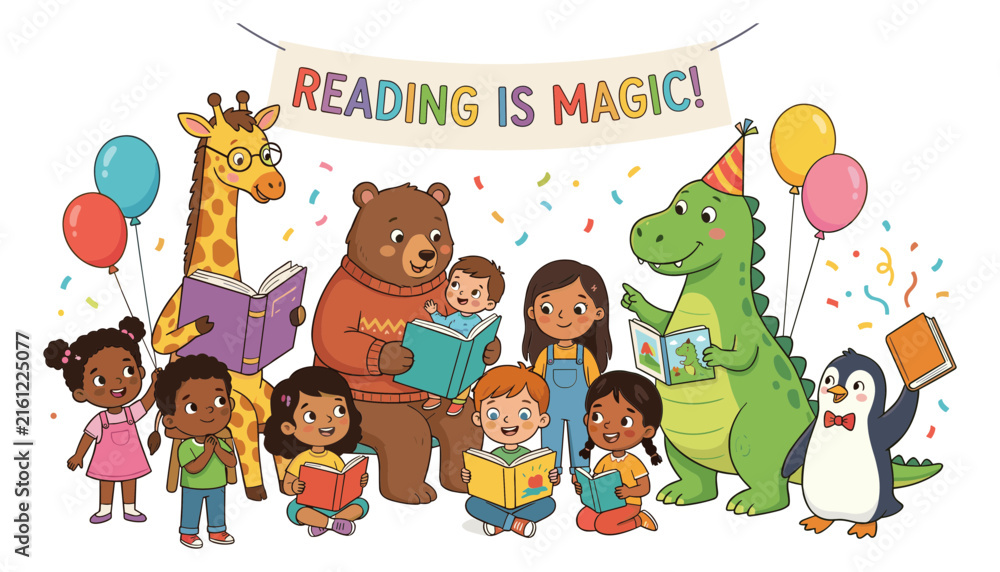 Fototapeta premium Cute Cartoon Kids Reading Book Set with Bear Dinosaur Giraffe and Penguin Library Illustration for Children