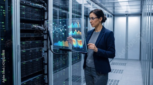 A professional woman analyzes data on a transparent screen in a modern server room, showcasing advanced technology.