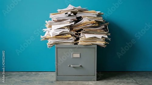 Towering pile of office documents on a filing cabinet against blue wall, concept for disorganization and workload, clutter and paperwork.