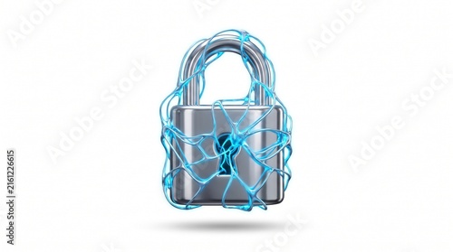 Metallic padlock, symbolizing security, is encased in a vibrant, glowing blue wireframe network, floating above a white surface with a subtle drop shadow, representing digital protection.