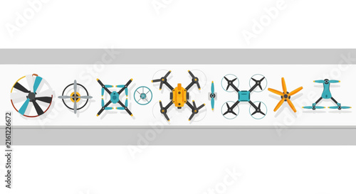 Flat design drone and quadcopter icon set in horizontal row. Top-down UAV aerial vehicles and propellers collection for technology and aviation projects.