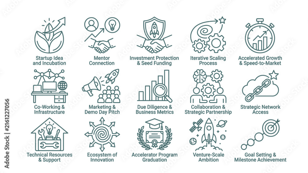 Fototapeta premium Startup Accelerator and Business Growth Venture Capital Icon Set for Entrepreneurial Success