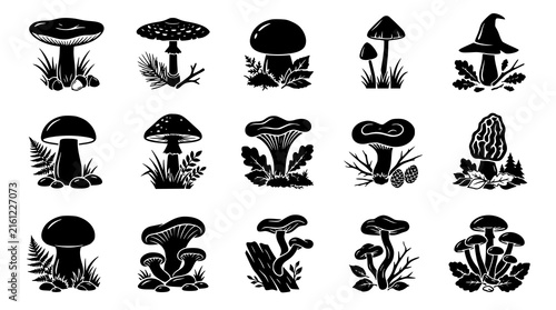 Black Mushroom Silhouette Fungi Icon Set with Woodland Nature Elements 15