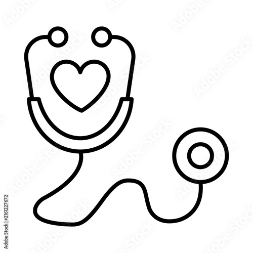 A minimalist black outline icon of a medical stethoscope with a heart shape inside.