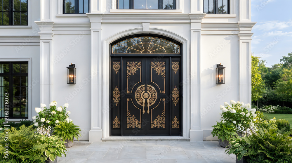 Obraz premium Grand entrance of a luxurious white mansion with intricate black and gold decorative double doors entrance building