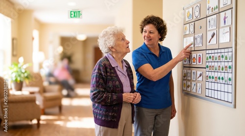 Caregiver helping a senior woman with dementia use an orientation board showing a daily schedule and calendar in an assisted living home.