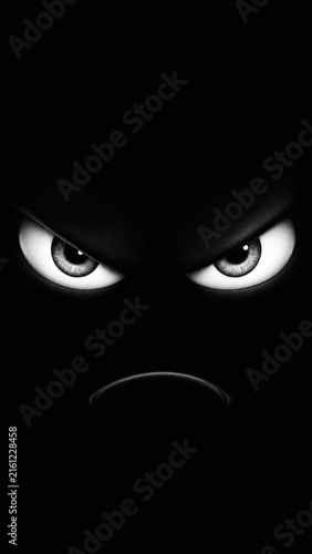 Dramatic close-up digital illustration of angry eyes staring out from deep black shadows with a frowning expression, evoking moods of menace, mystery, intensity, anger, and dark atmosphere.
