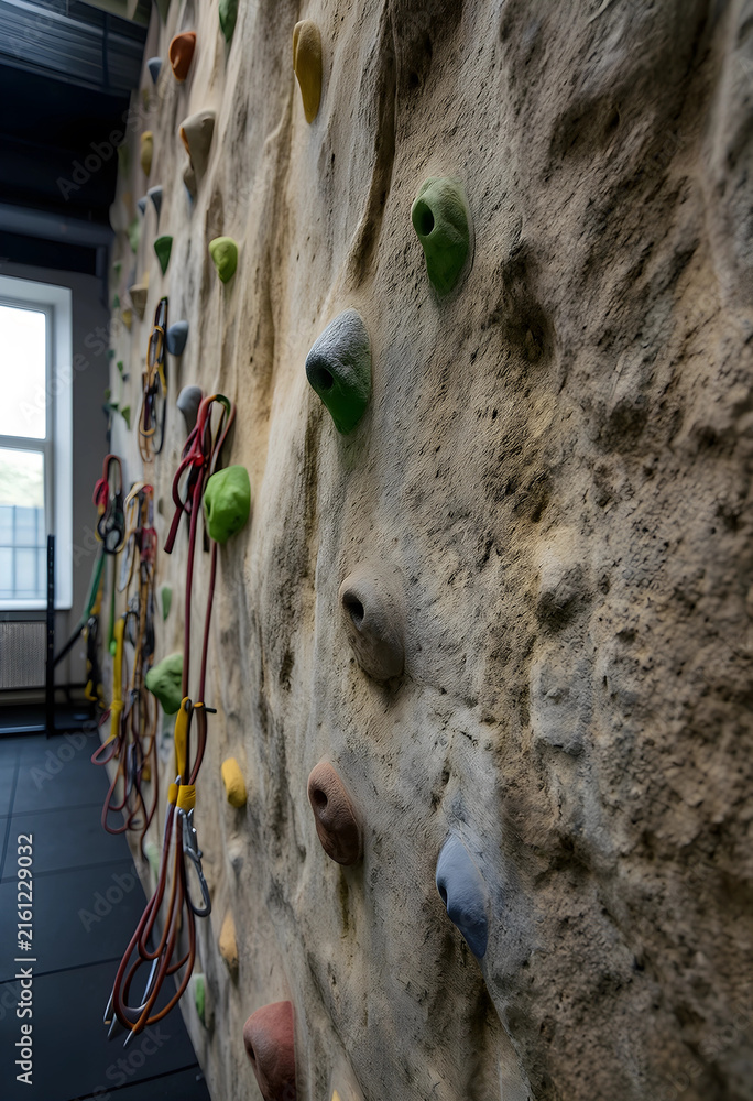 Fototapeta premium Indoor rock climbing wall with colorful holds and safety ropes, fitness and adventure sport training