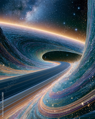 Futuristic road through glowing space-time tunnel in cosmic landscape